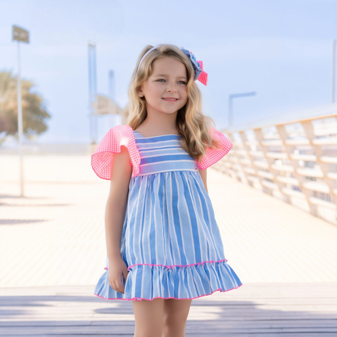 Girls Blue Stripe & Pink Neon Dress