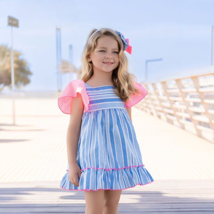 Girls Blue Stripe & Pink Neon Dress