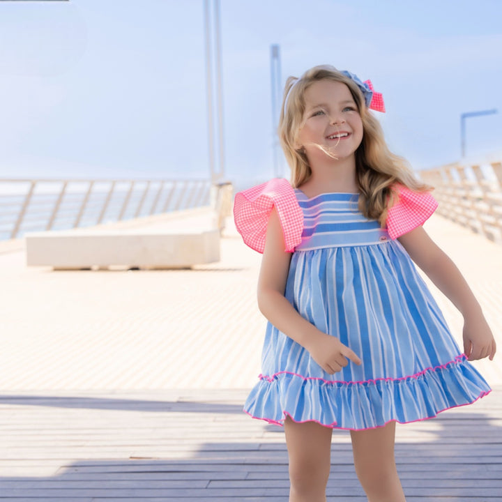 Girls Blue Stripe & Pink Neon Dress