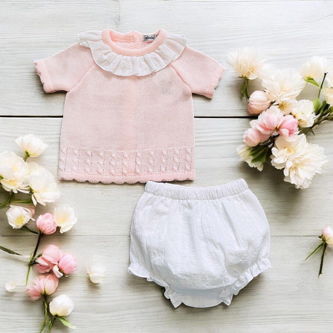 Babidu Pink & White Knitted Top & Bloomers Set