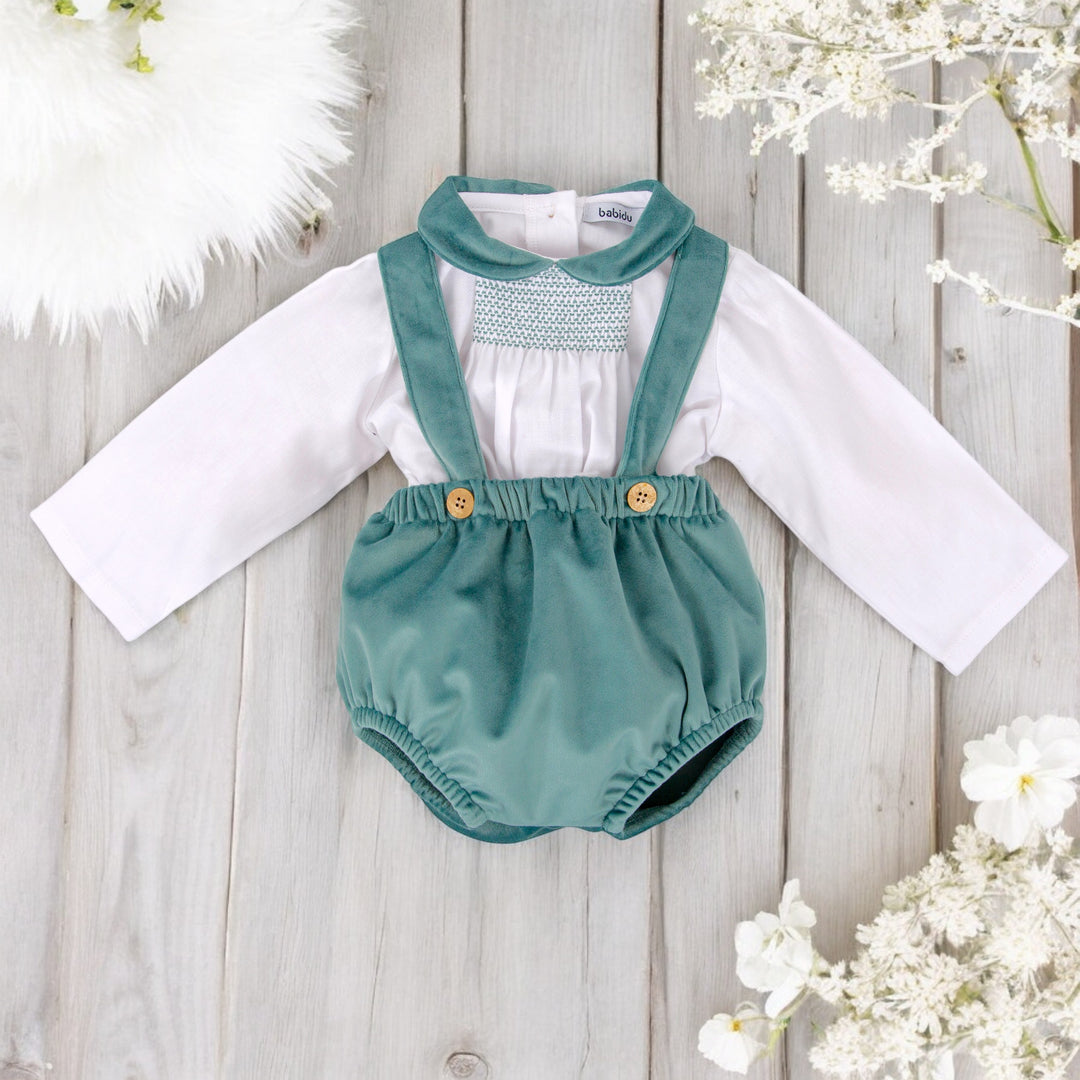 Babidu Green Velvet Romper & Shirt Set