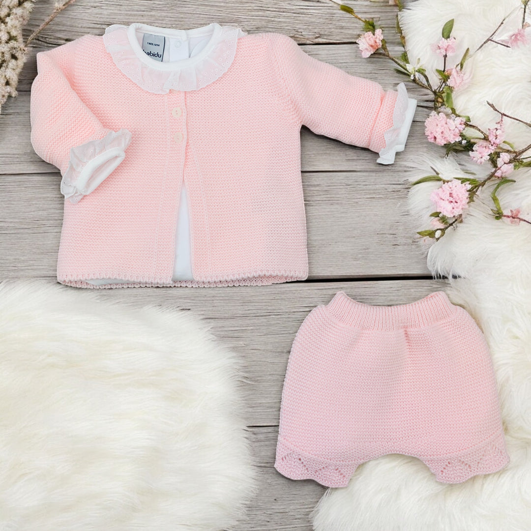 Babidu Pink Knitted Cardigan Vest and Short Set
