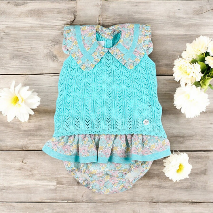 Foque Turquoise Knitted Top & Floral Bloomers