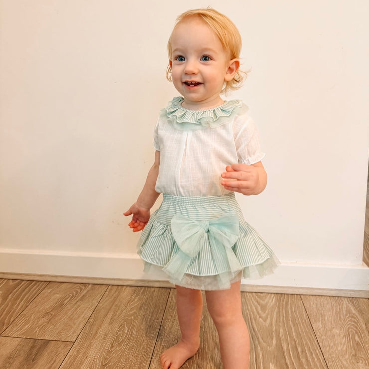 Ivory & Mint Ruffle Top & Bloomers Set