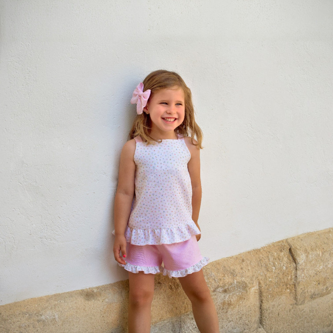 White Floral Top & Pink Shorts