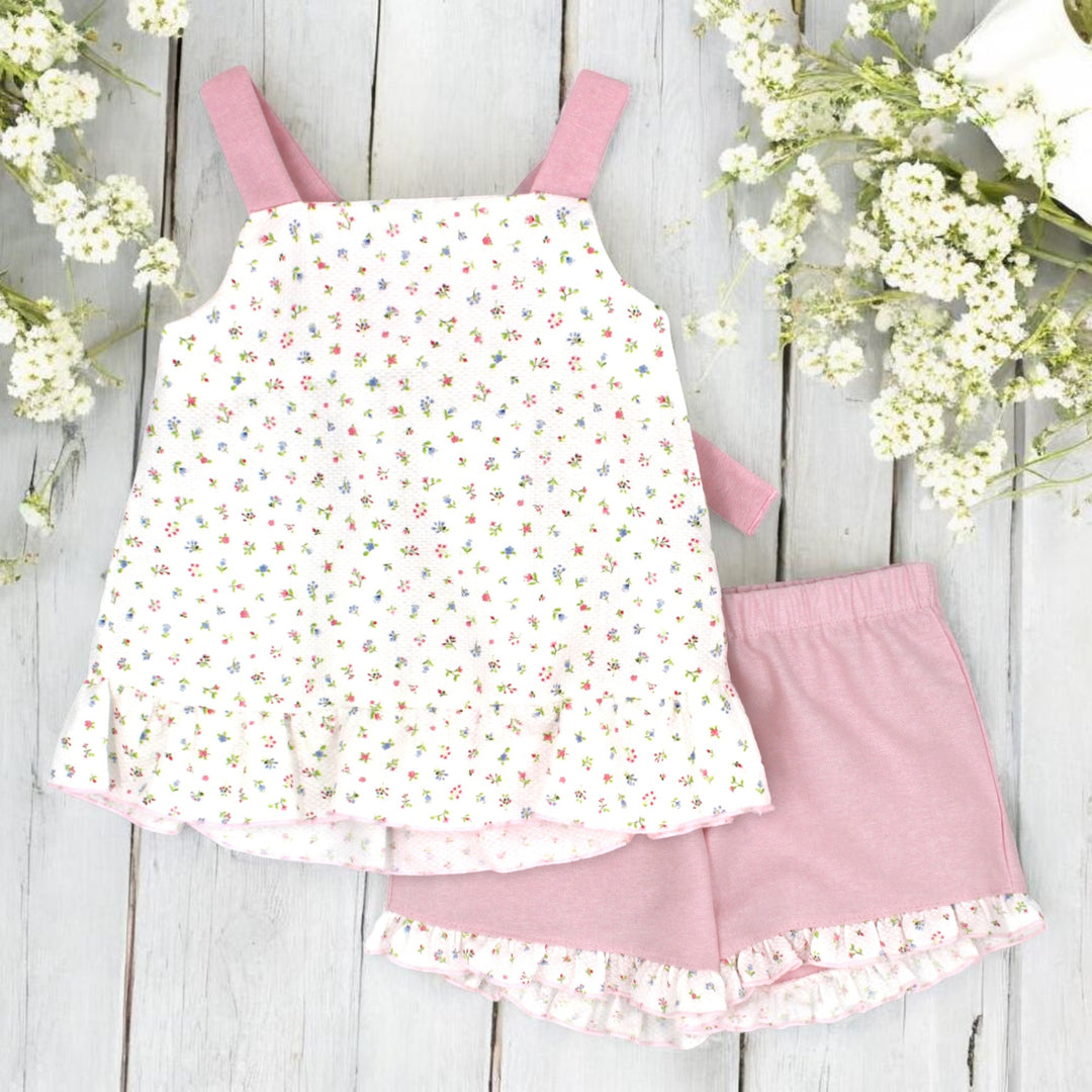 White Floral Top & Pink Shorts