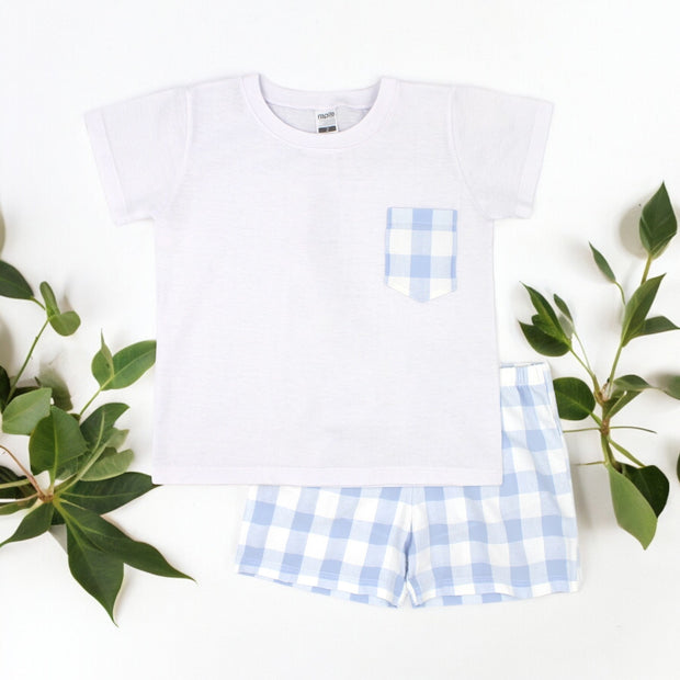 White Top & Blue Gingham Shorts
