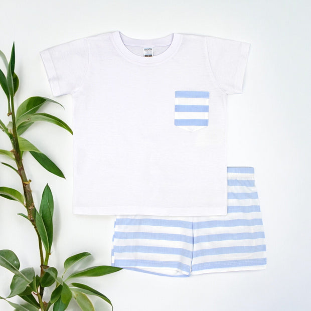 White T Shirt & Blue Candy Stripe Shorts Set