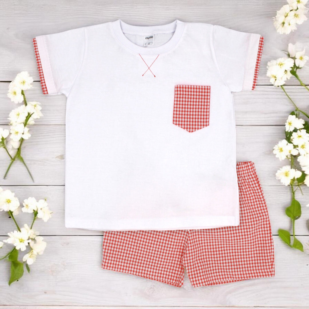 Rapife Boys White T-Shirt & Coral Gingham Shorts Set