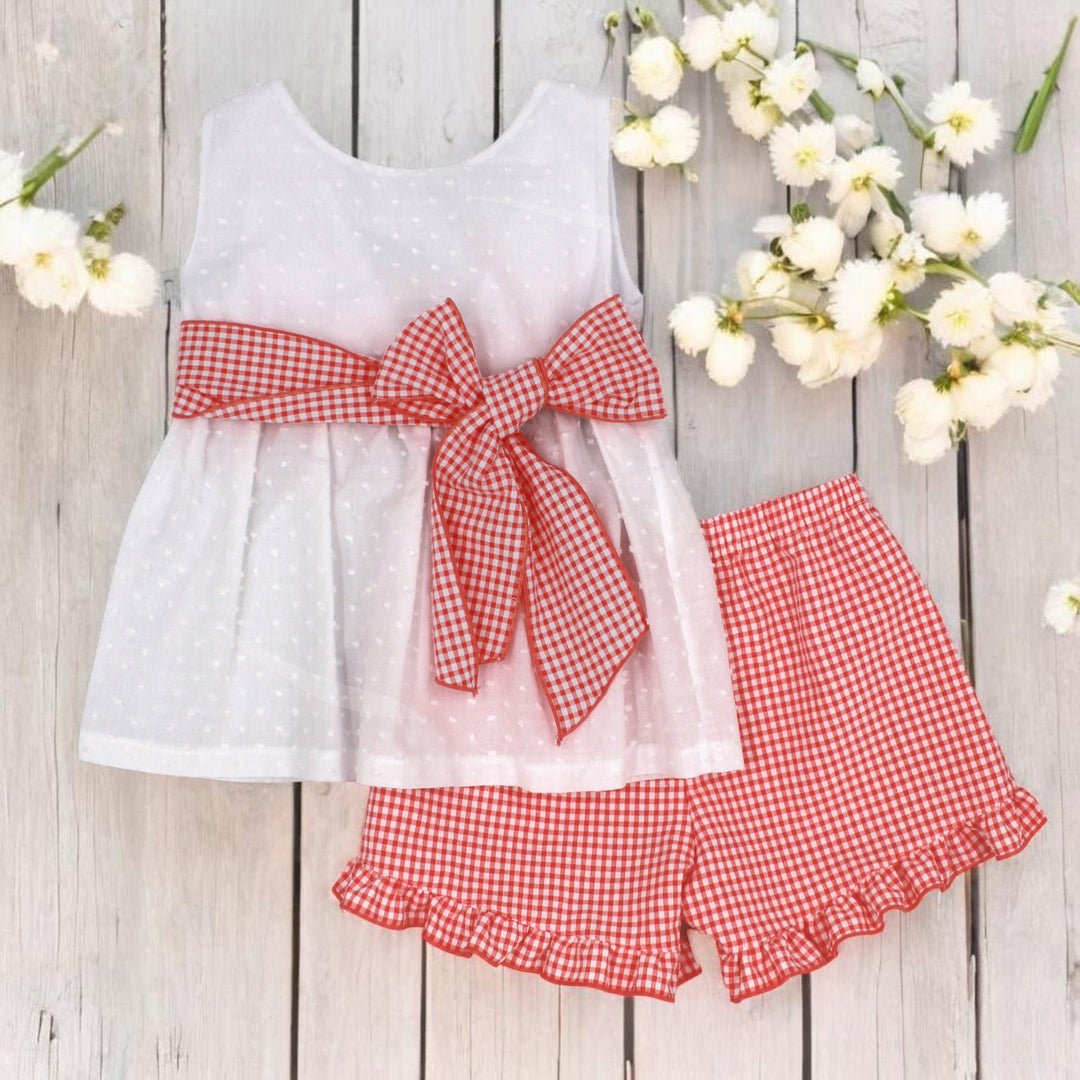 Rapife White Blouse & Coral Gingham Shorts