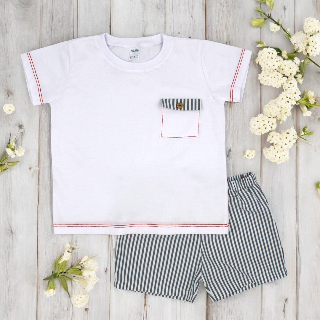 Rapife Boys White T-Shirt & Navy Stripe Shorts Set