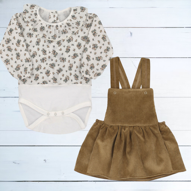 White Ditsy Floral Bodysuit & Camel Dungaree Dress