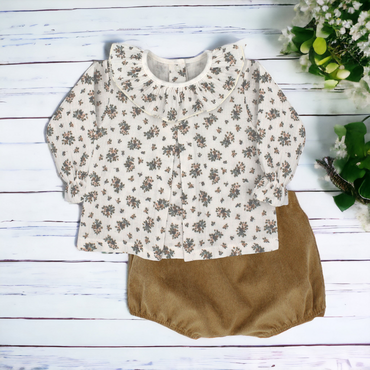 White Ditsy Floral Top & Camel Bloomers