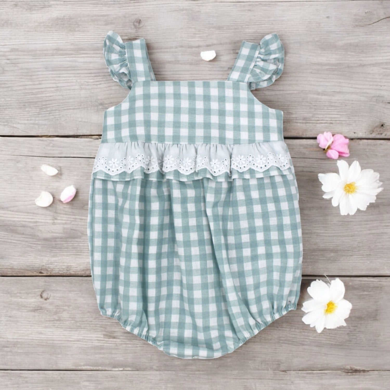 Rapife Sage Green & White Gingham Romper | Bows Baby Boutique