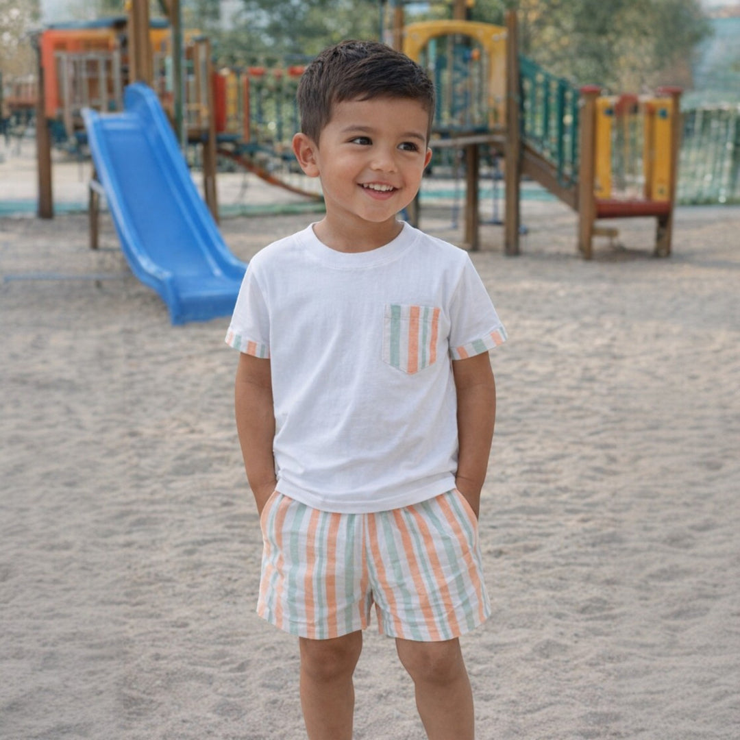 Rapife Boys White Mint Green & Orange T Shirt & Shorts Set