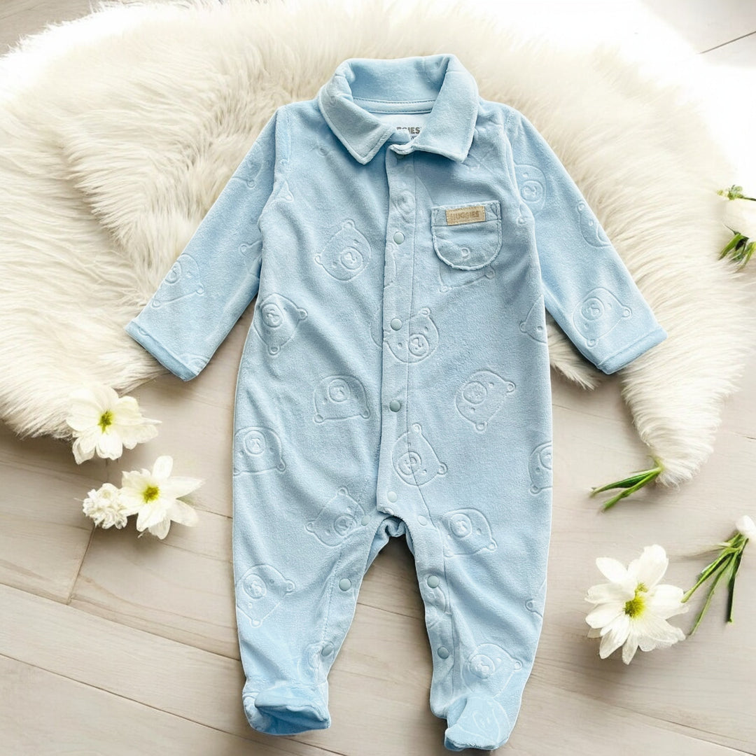 Huggies Blue Velour Bear Sleepsuit