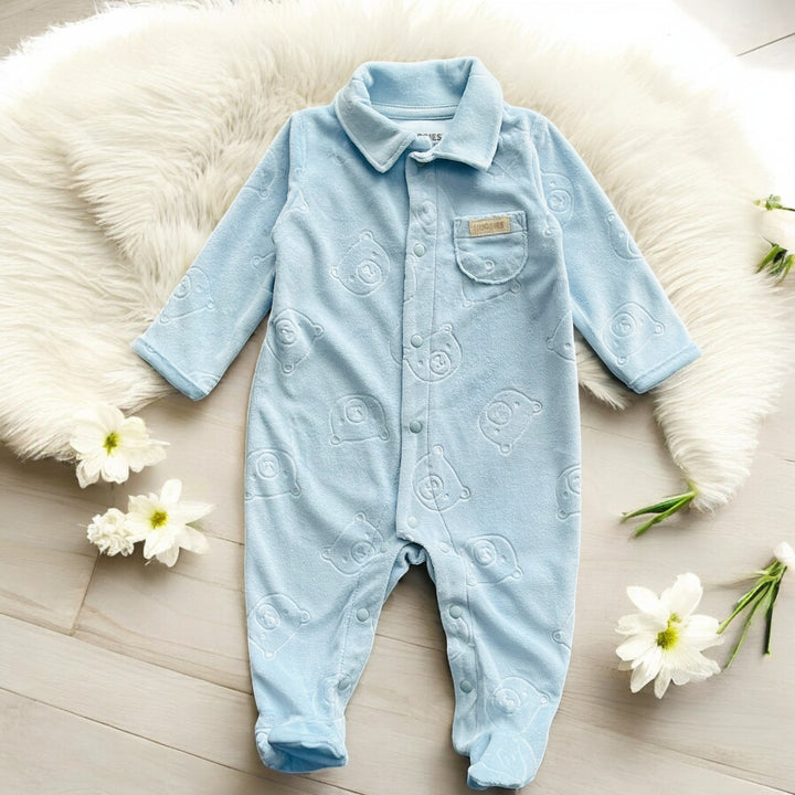 Huggies Blue Velour Bear Sleepsuit