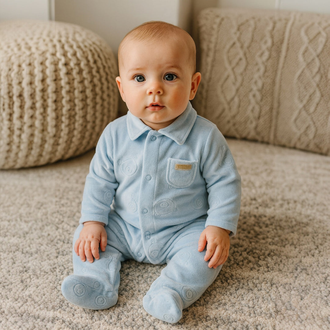 Huggies Blue Velour Bear Sleepsuit