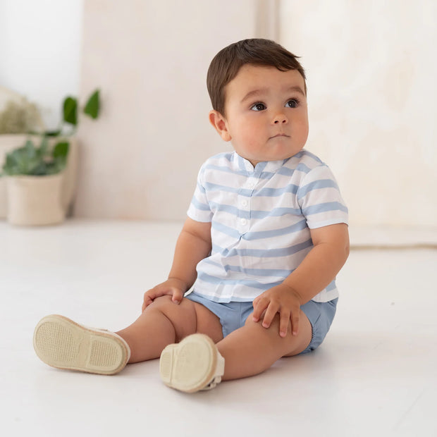 Blue & White Stripe Shirt & Shorts Set