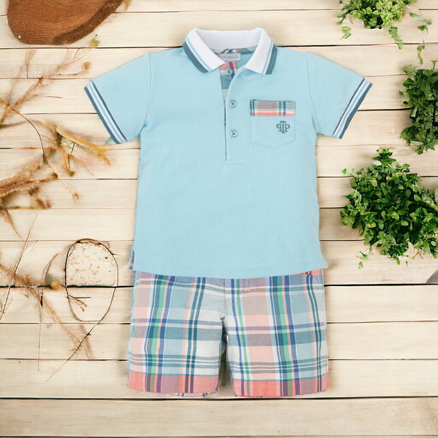 Aquamarine Polo & Plaid Shorts Set