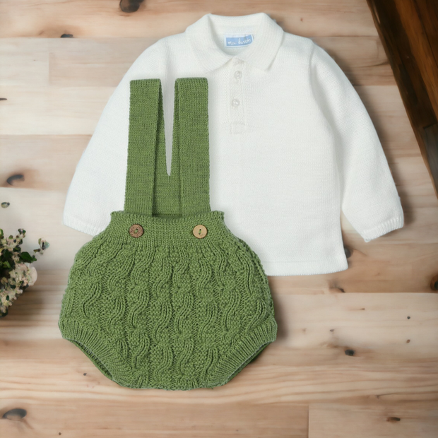White Knitted Polo Top Olive Dungaree Jam Pants