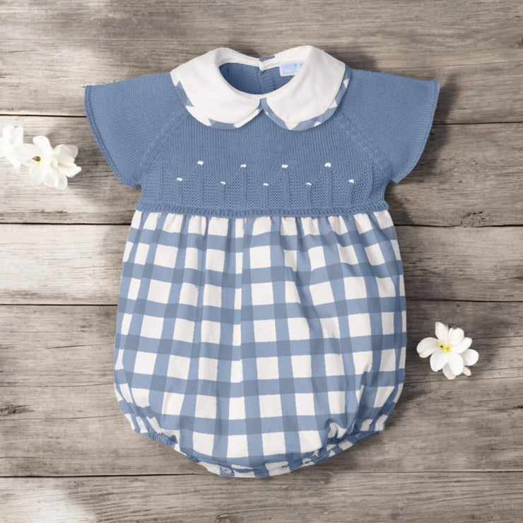 Mac Ilusion Dusky Blue & White Half Knit Check Romper