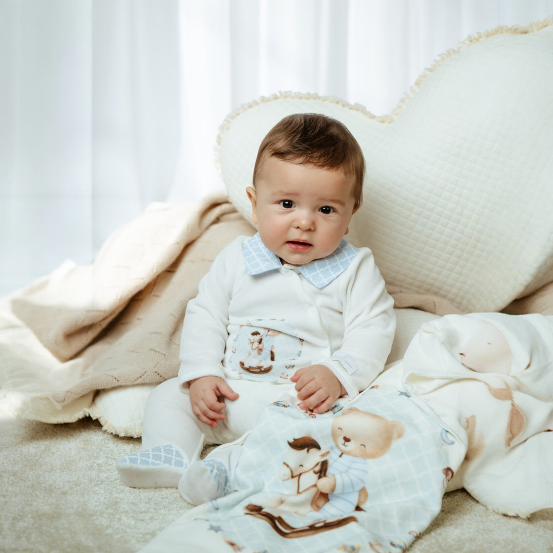 Jamiks Ecru Velour Bear Rocking Horse Sleepsuit