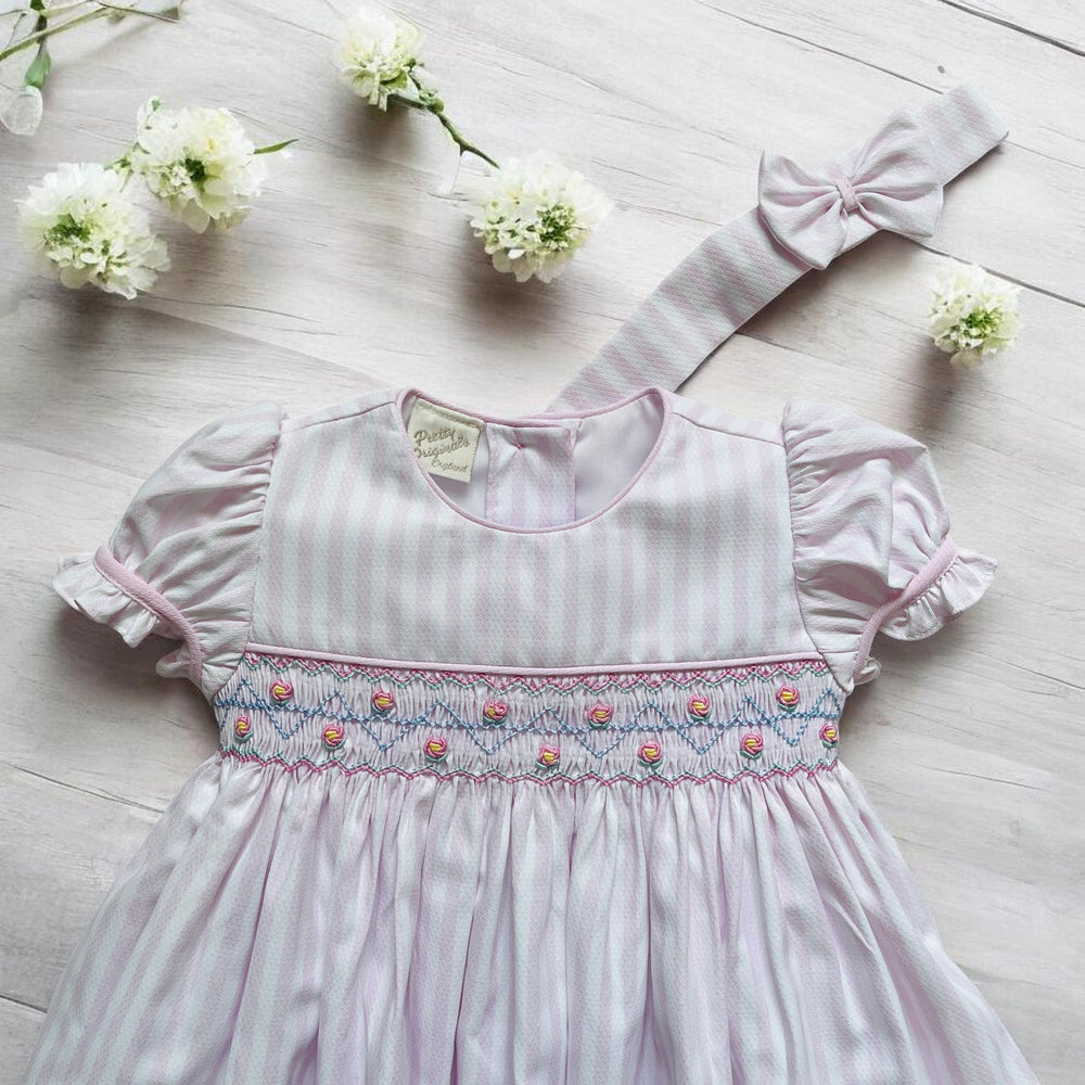Pretty Originals Pink & White Stripe Smocked Dress Close Up