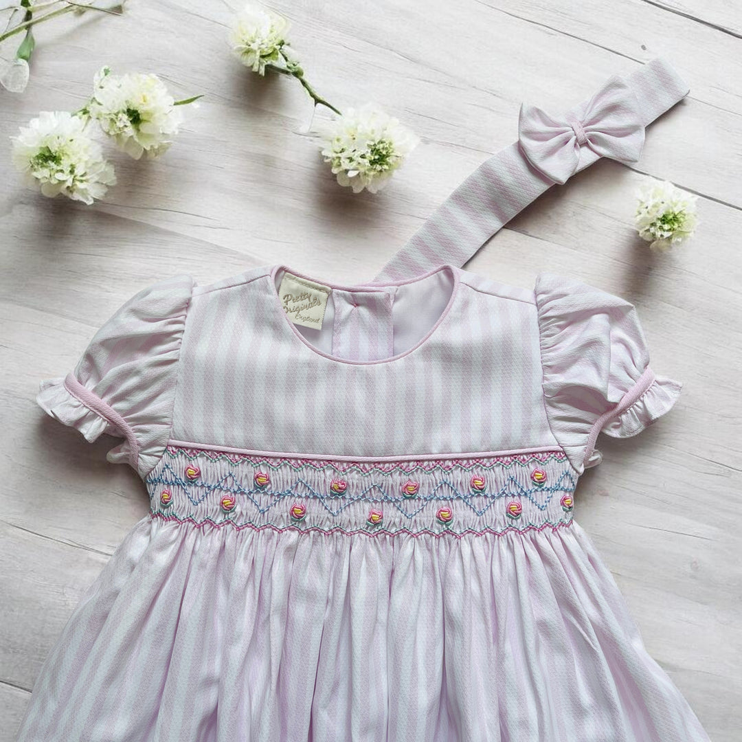 Pretty Originals Pink & White Stripe Smocked Dress Close Up