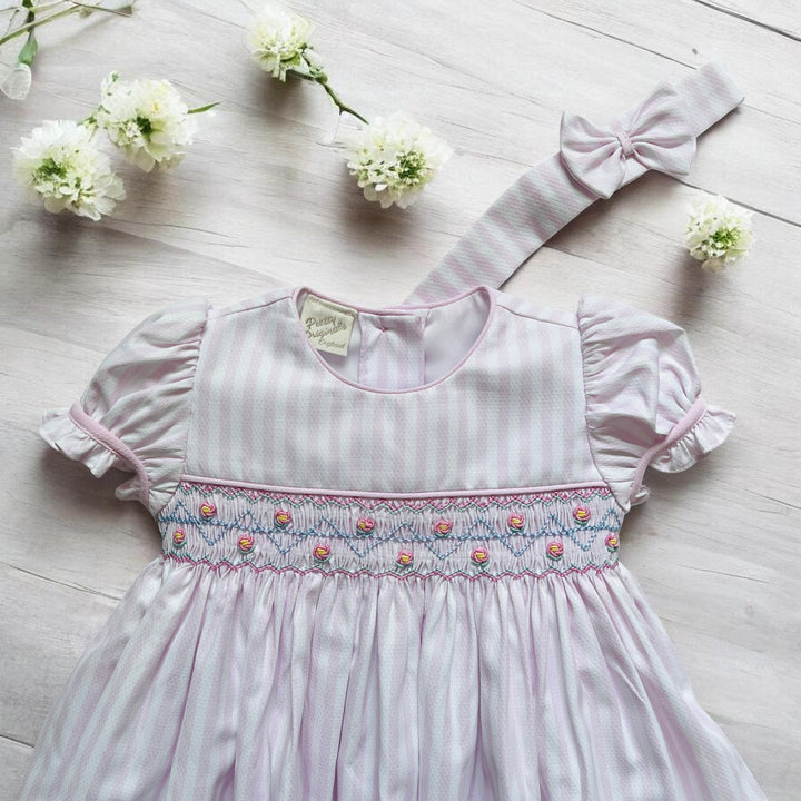 Pretty Originals Pink & White Stripe Smocked Dress Close Up