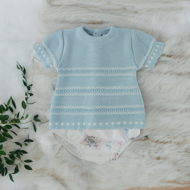 Blue & White Knitted Top & Jam Pant Set