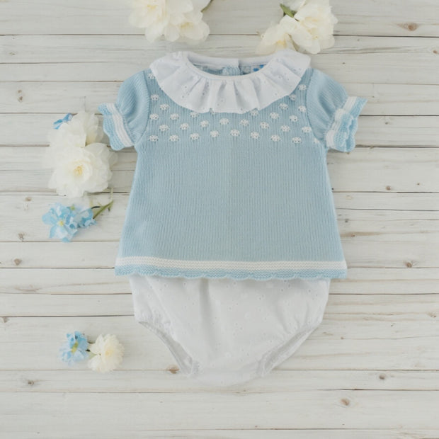 Blue & White Ruffle Knitted Top & Bloomers