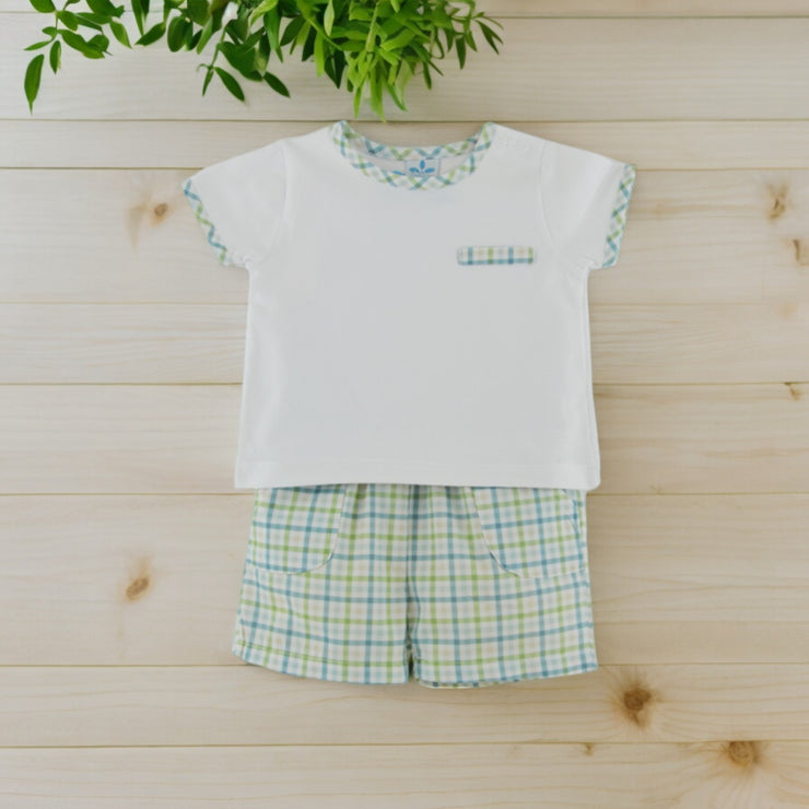 White T-Shirt & Blue & Green Shorts