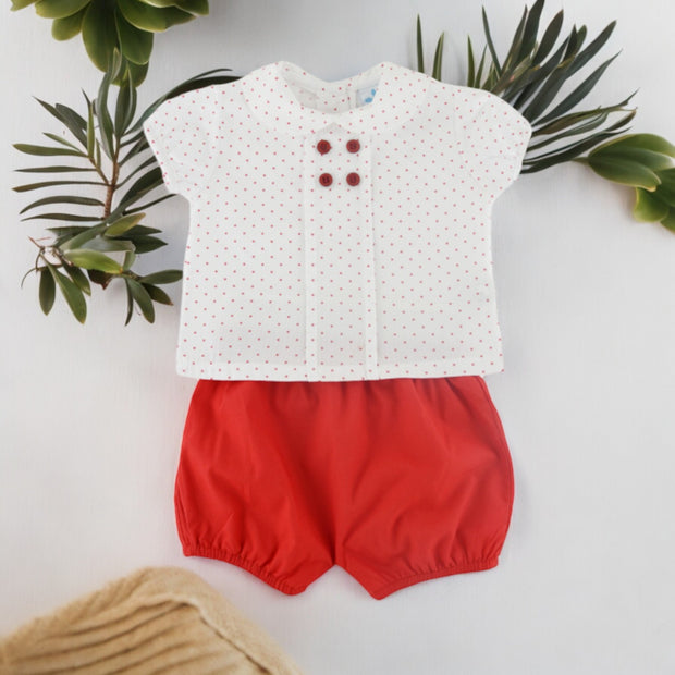 White & Red Dotted Shirt & Shorts Set