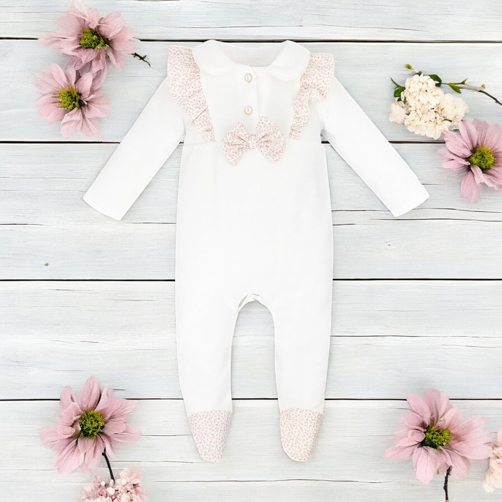 Jamiks Ecru & Dusky Pink Velour Ditsy Floral Sleepsuit