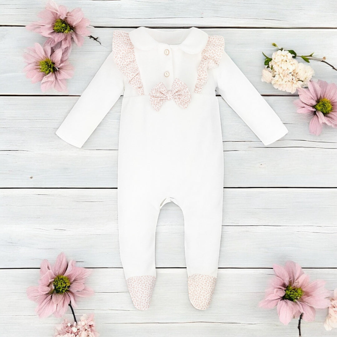 Jamiks Ecru & Dusky Pink Velour Ditsy Floral Sleepsuit