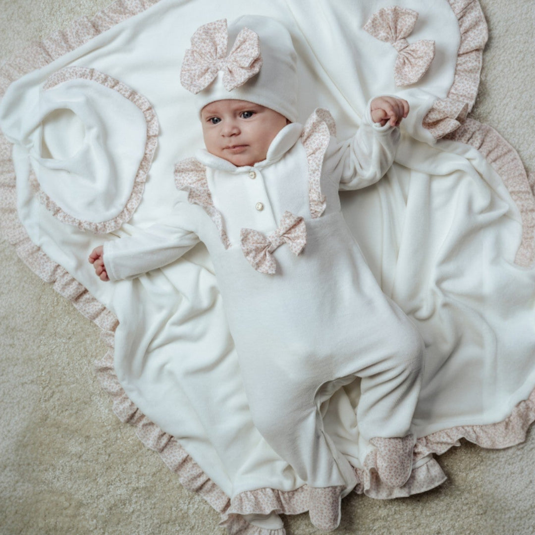 Jamiks Ecru & Dusky Pink Velour Ditsy Floral Sleepsuit