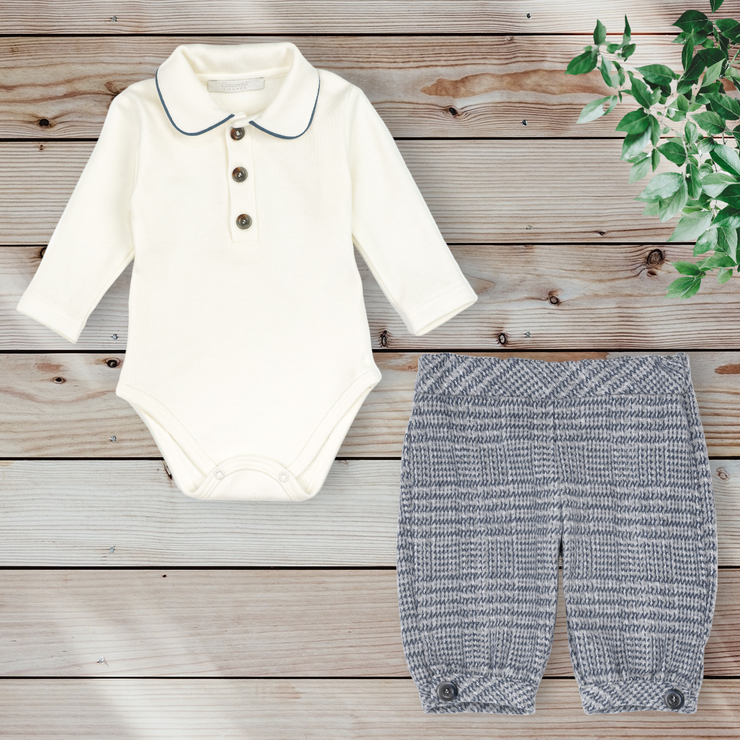 Cream Polo Bodysuit & Blue & Grey Shorts