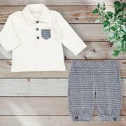 Cream Polo & Blue & Grey Shorts