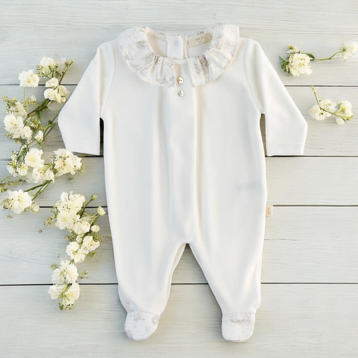 Baby Gi Ivory Velour Ruffle Sleepsuit