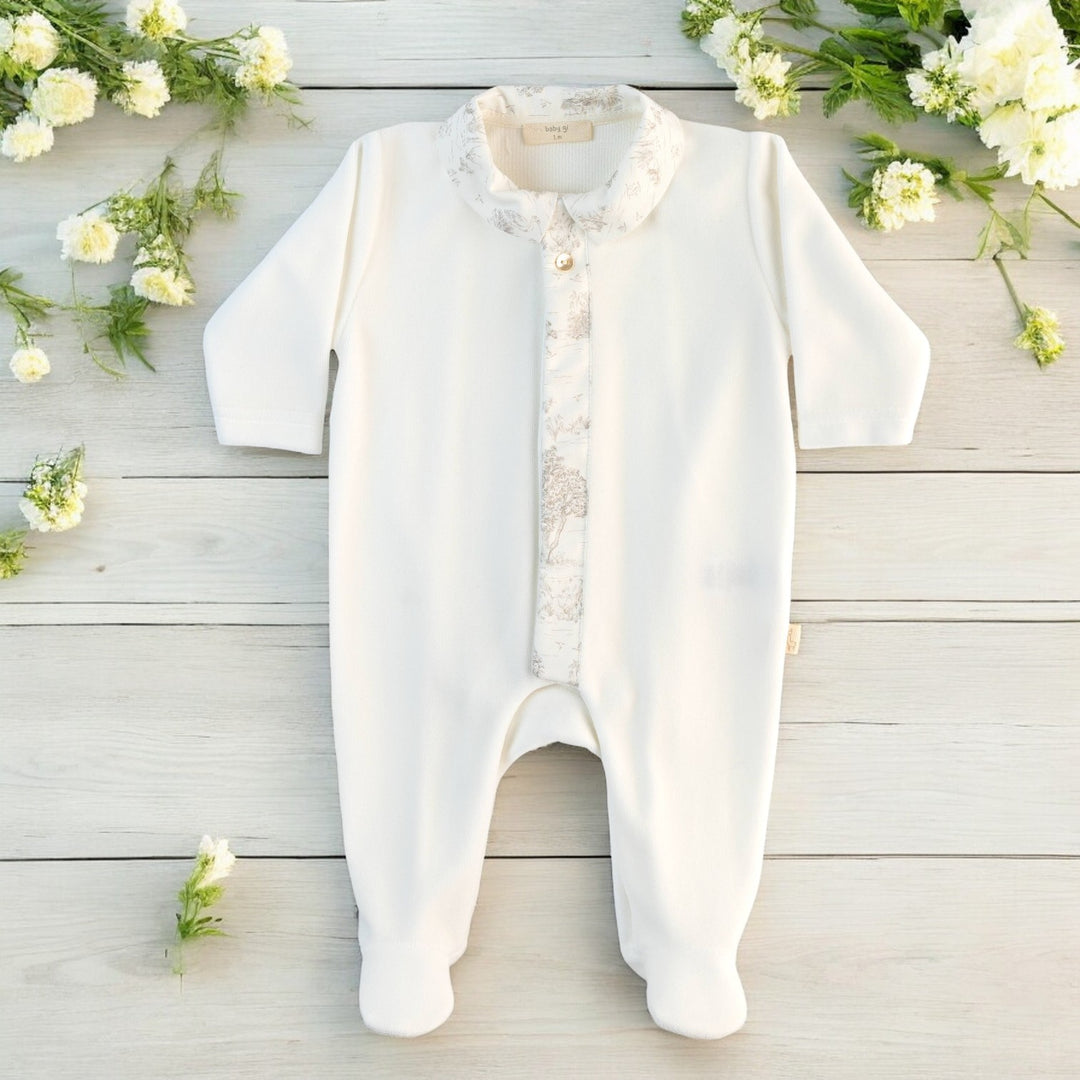 Baby Gi Ivory Velour & Toile De Jouy Sleepsuit