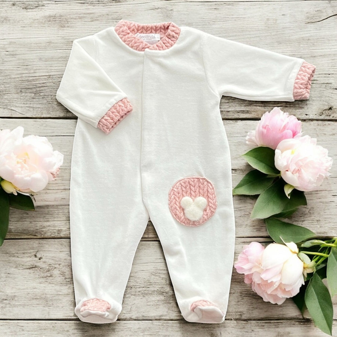 Deolinda Ivory & Dusky Pink Velour Bear Sleepsuit