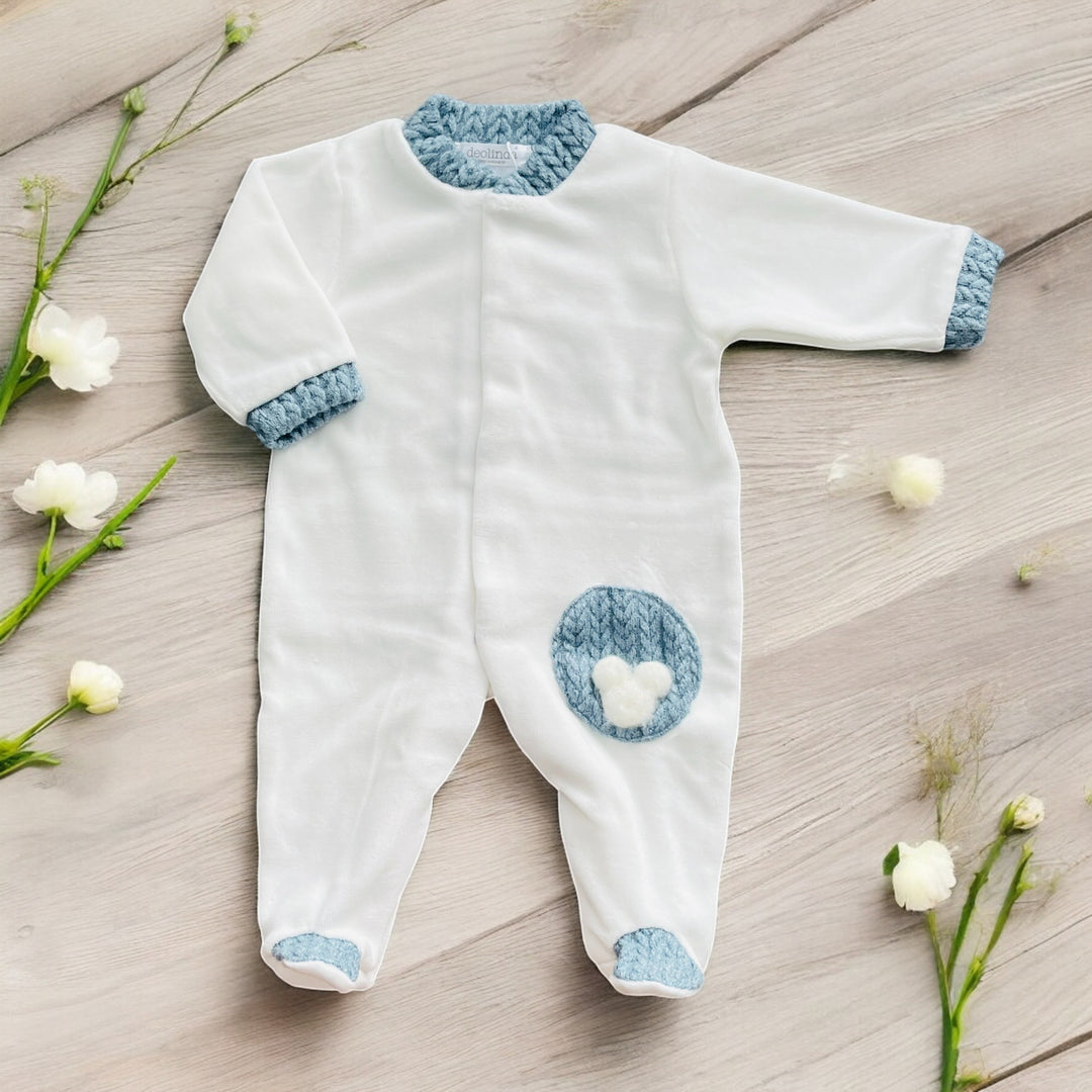 Deolinda Ivory & Demin Blue Velour Bear Sleepsuit