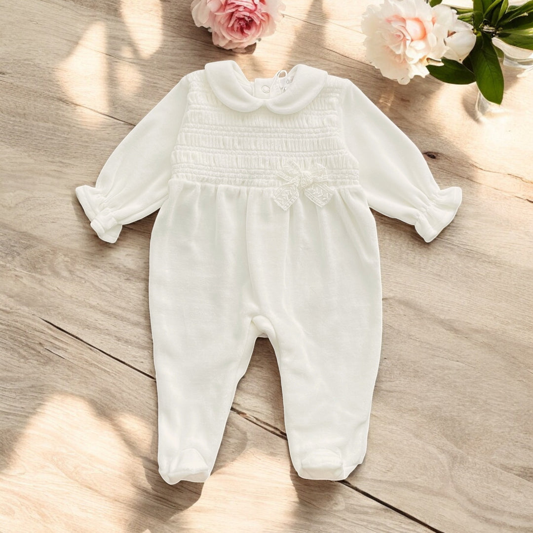 Deolinda Ivory Velour Smocked Sleepsuit