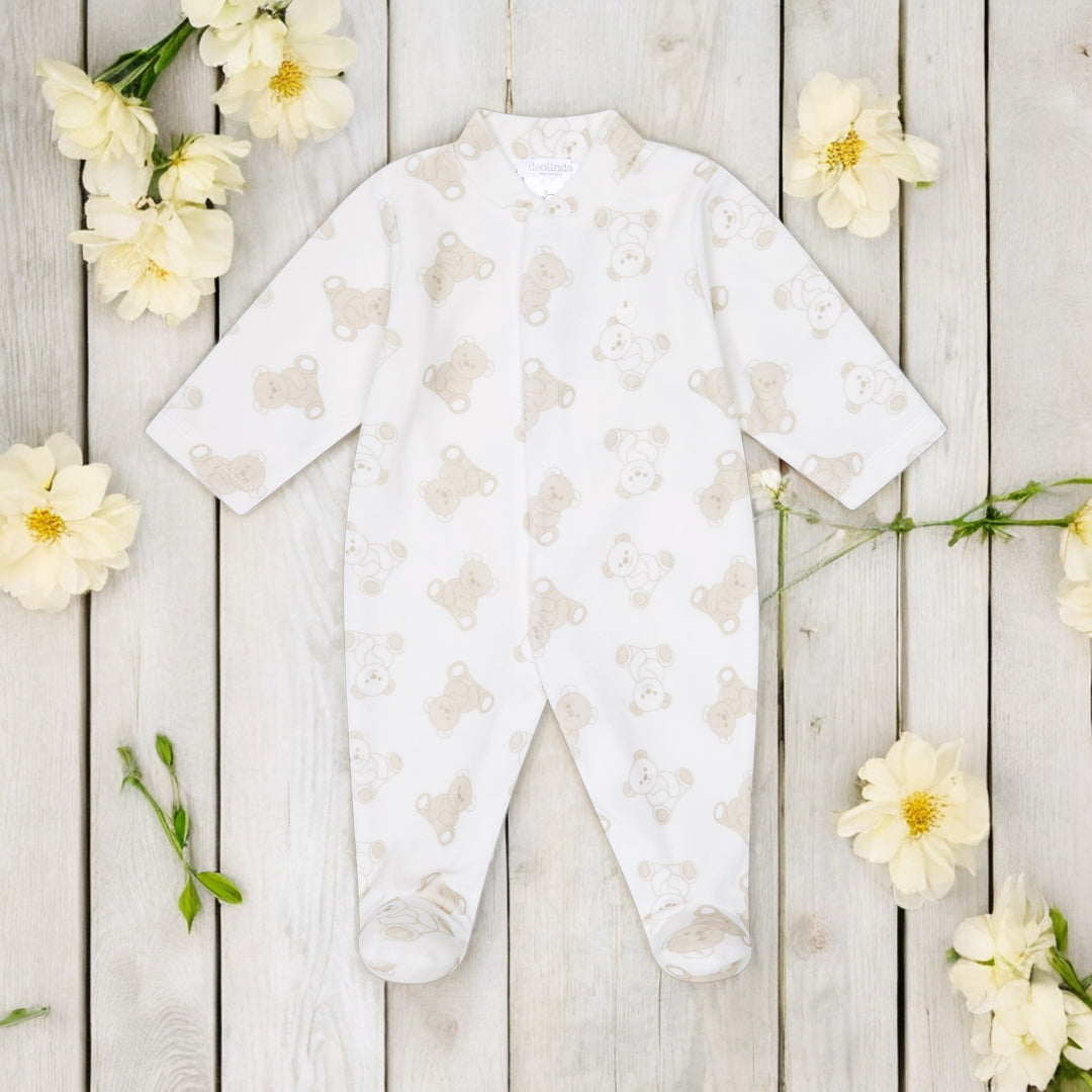 Deolinda Ivory Teddy Print Velour Sleepsuit