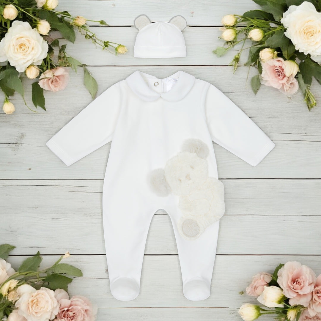 Deolinda Ivory Velour Teddy Bear Sleepsuit