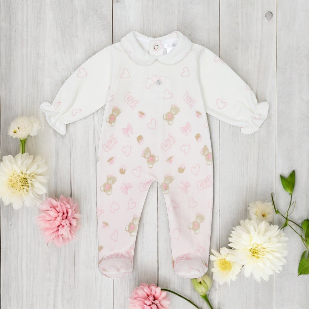 Deolinda Ivory & Pink Bear Velour Sleepsuit 