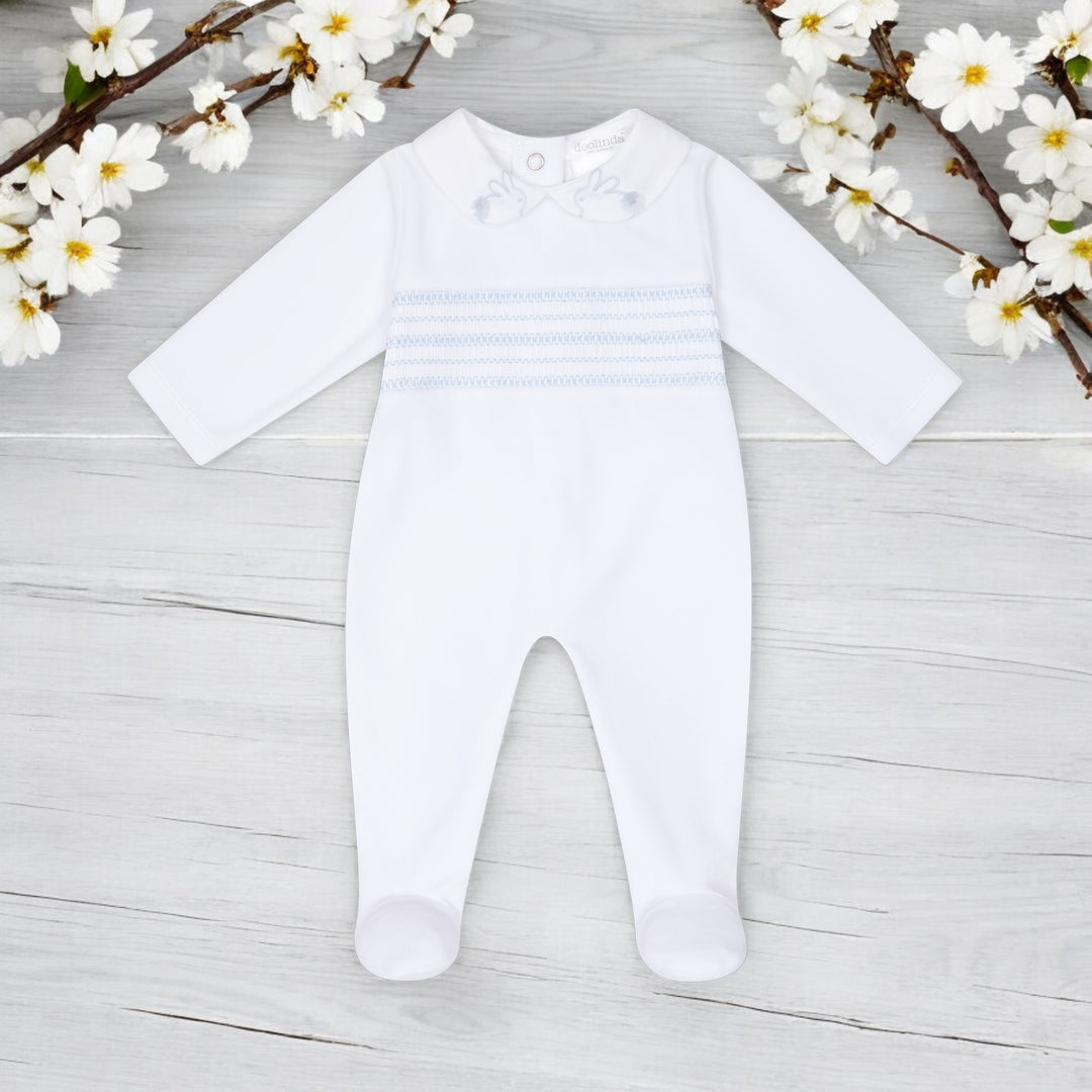 Deolinda White & Blue Smocked Velour Sleepsuit