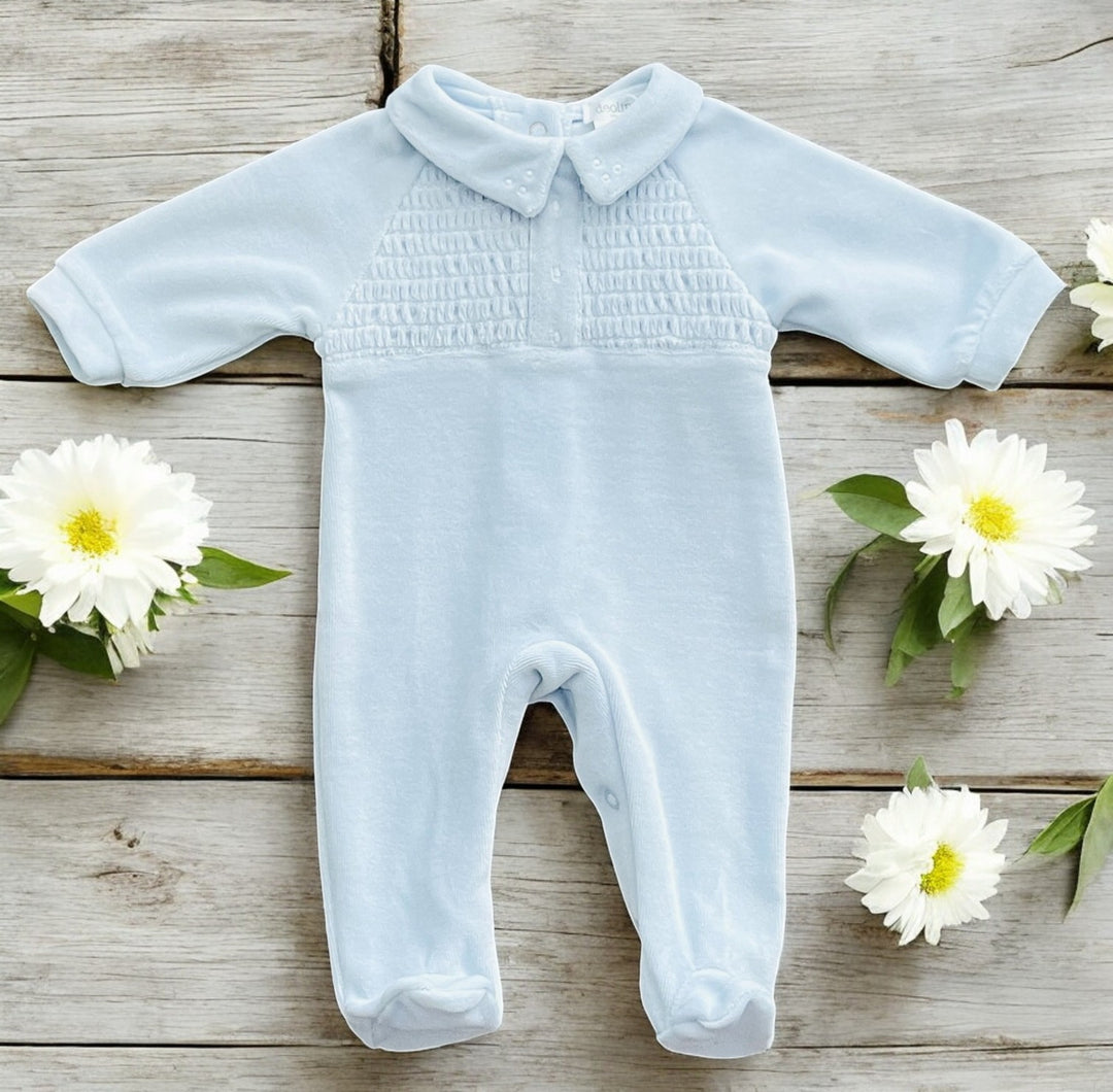 Deolinda Sky Blue Smocked Velour Sleepsuit