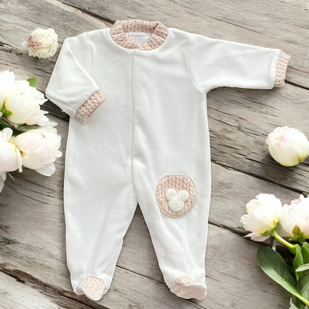 Deolinda Ivory & Beige Velour Bear Sleepsuit